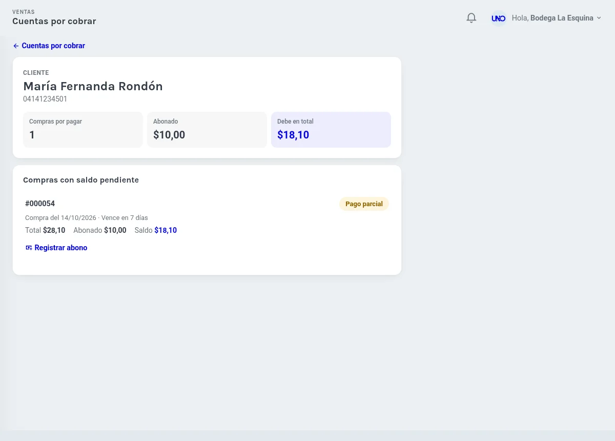 Compras de un cliente con saldo pendiente, abonado y fecha de pago.