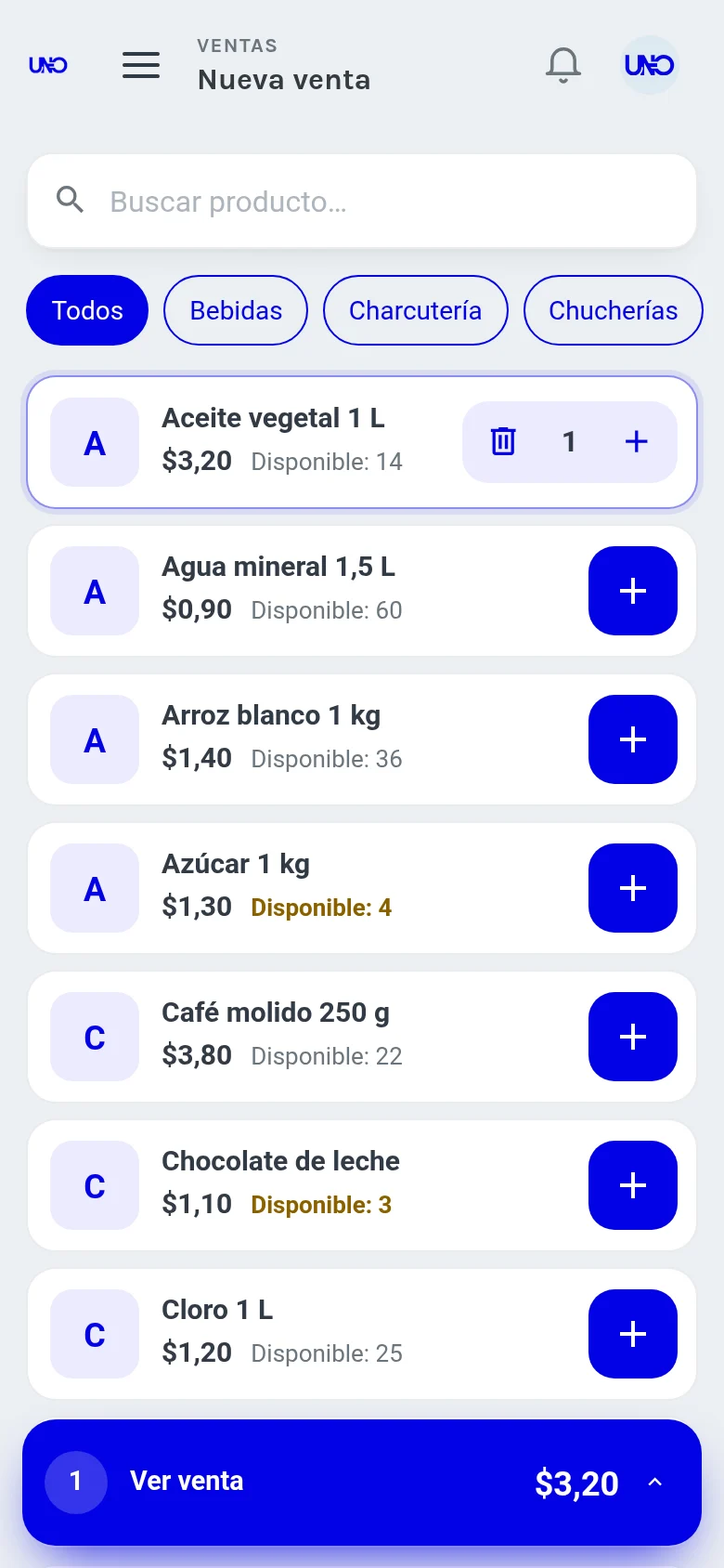 Pantalla Nueva venta en el teléfono: lista de productos con precio, existencias y botón para agregar