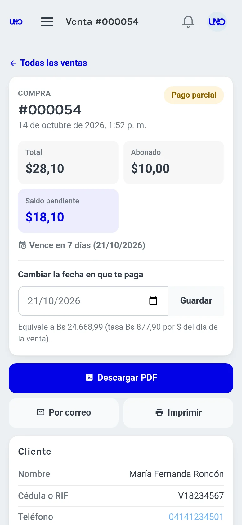 Detalle de una venta con pago parcial: total, abonado, saldo pendiente y fecha de pago