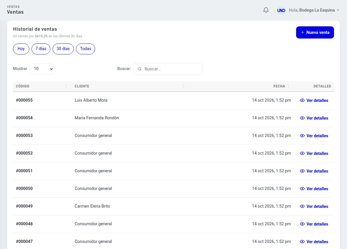 Historial de ventas con código, cliente y fecha.